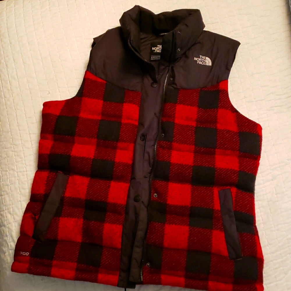 North face puffer vest buffalo check
